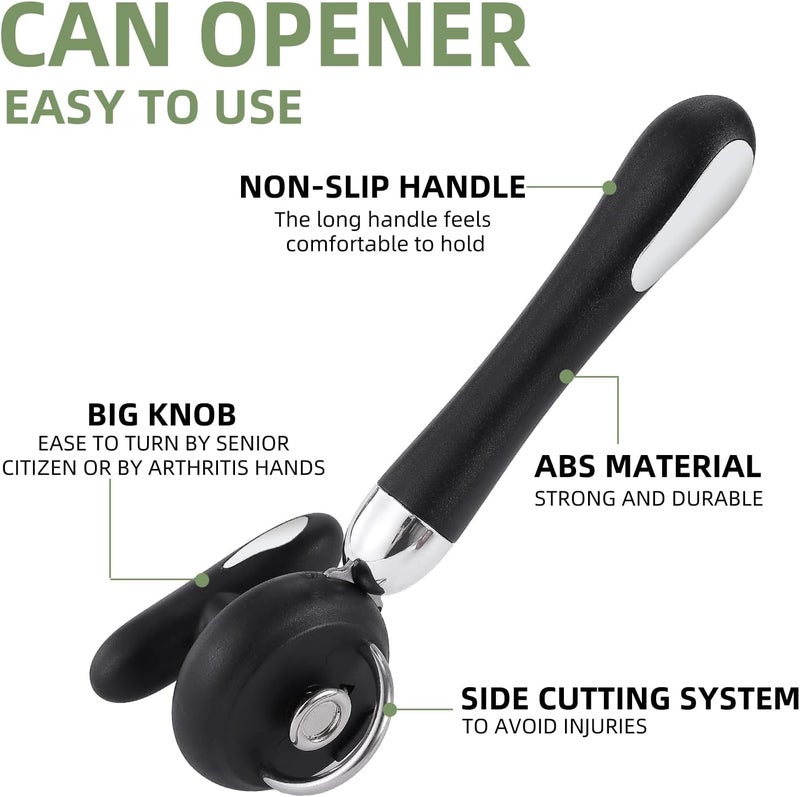 Kitver Can Opener Manual Tin Opener Stainless Steel Heavy Duty, Oversized Hand-held Easy Rotary Knob, Safe Cut Manual Can Opener with Non-Slip Handle, Smoother Cut Sharp Blade for Seniors Kitchen Tool, Black - Image 2